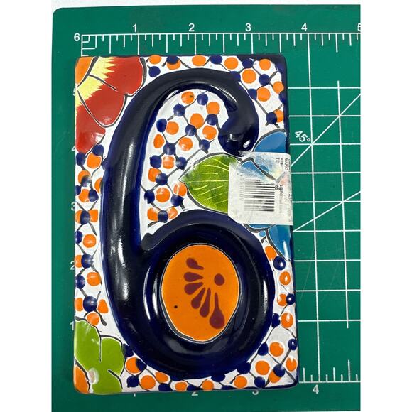 Talavera Number 9 or 6 Mexican Folk Art Pottery‎ Hand Painted Tile - Picture 5 of 6